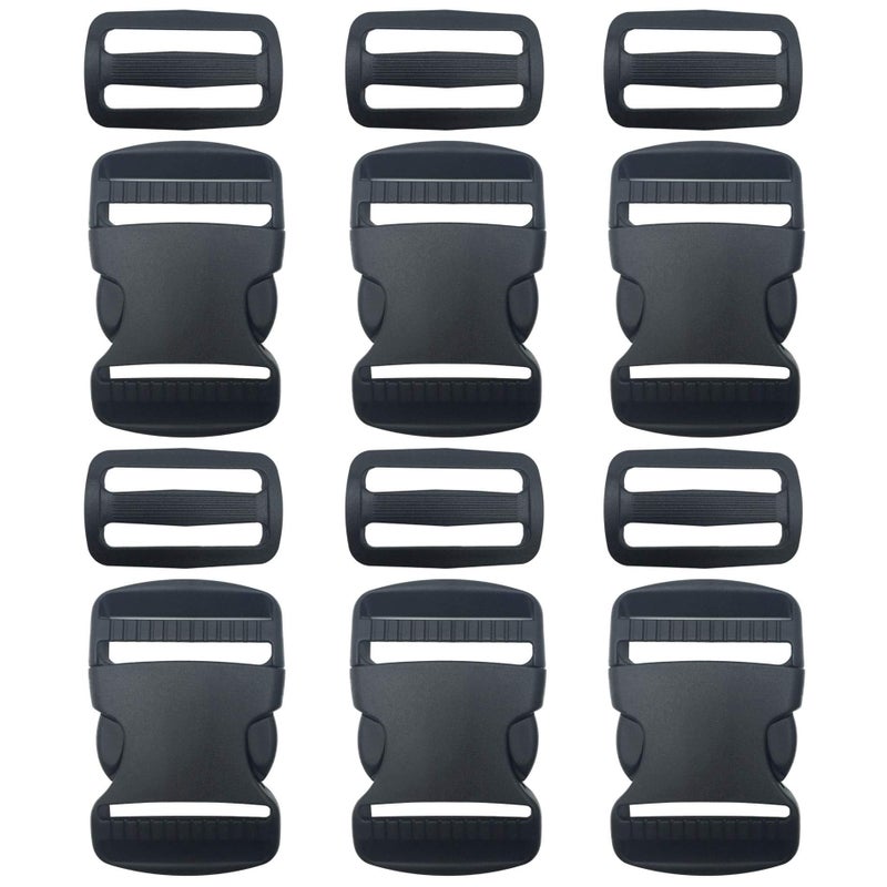 EesTeck 6 Set 1.5 Inch Flat Dual Adjustable Plastic Quick Side Release Plastic Buckles and Tri-glide Slides for Luggage Straps Pet Collar Backpack Repairing (Black, Fit For 1.5â€/38mm Webbing Straps) - Image 1
